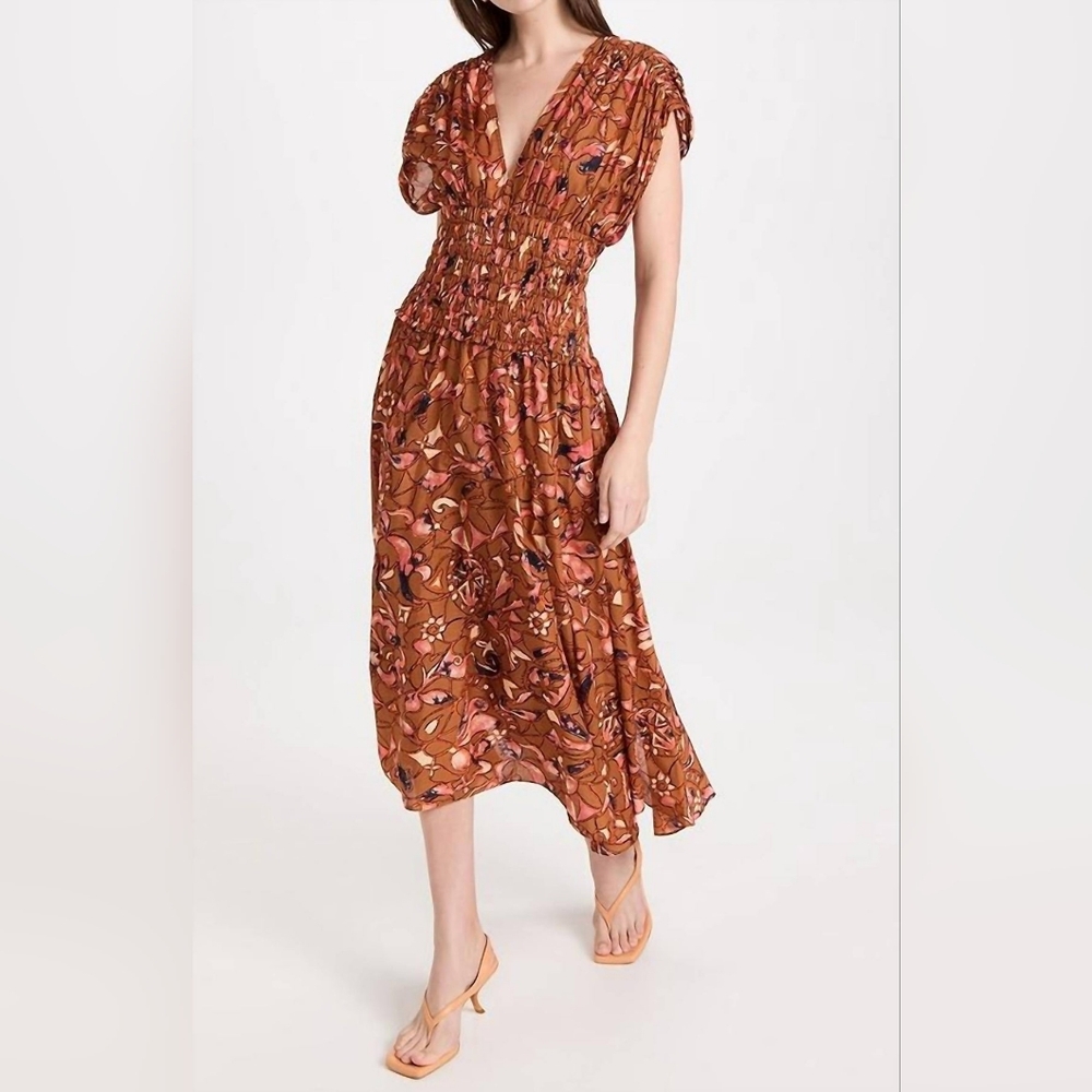 A.L.C. Lucia Corset Waist Cotton Floral Midi Dress Size 0 Bronze Navy Coral - Picture 5 of 14